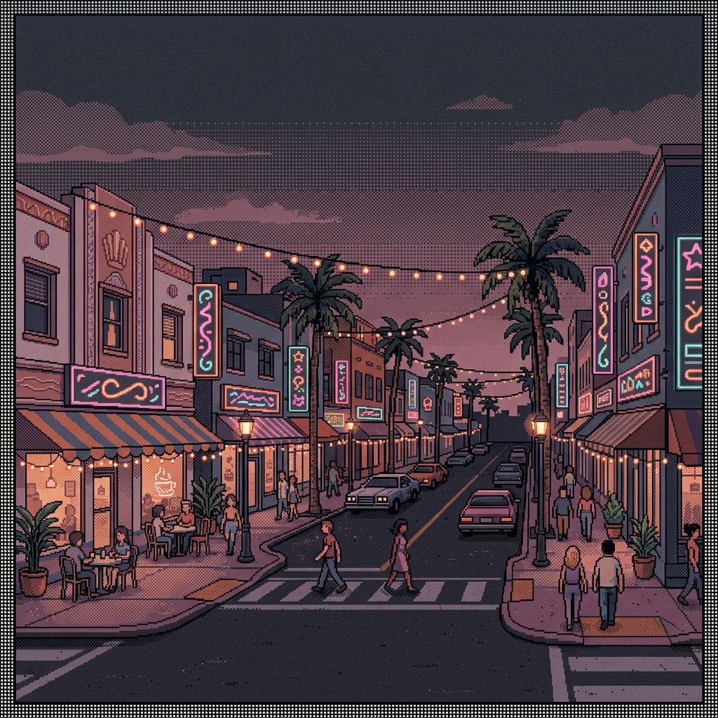 Illustration of a walkable street at dusk, lined with awnings, neon signs and palm trees